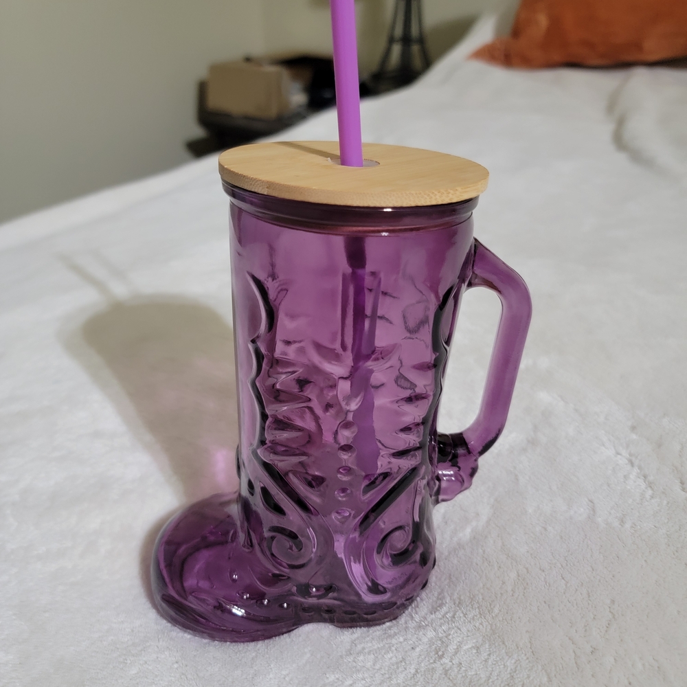 Purple Boot-Shaped Glass Tumbler with Bamboo Lid and Straw